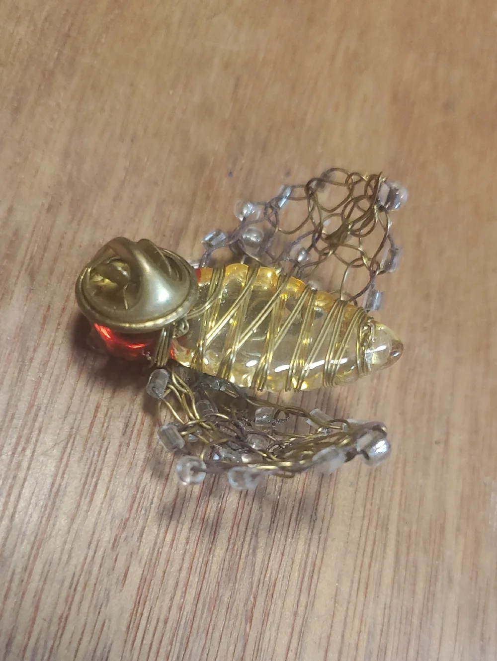 Handcrafted Amber-Tone Bee Brooch with Clear Bead Accents BD